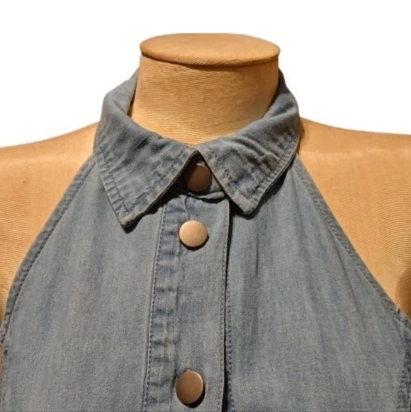 Free People Sami Denim Mini Halter Dress Bali Blue  Button Front Small NWT - Picture 2 of 10